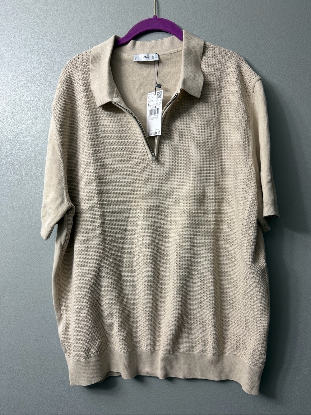 Mango short-sleeve textured knit polo shirt quarter-zip closure. Xxl NWT